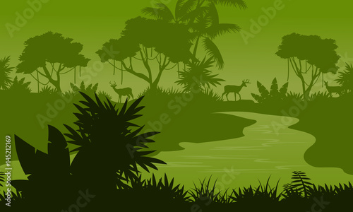 River on the forest scenery silhouettes