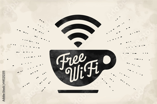 Poster with cup of coffee and text Free WiFi for street cafe. Sign free wifi area sign on a coffee cup. Black and white design with lettering. Vector Illustration