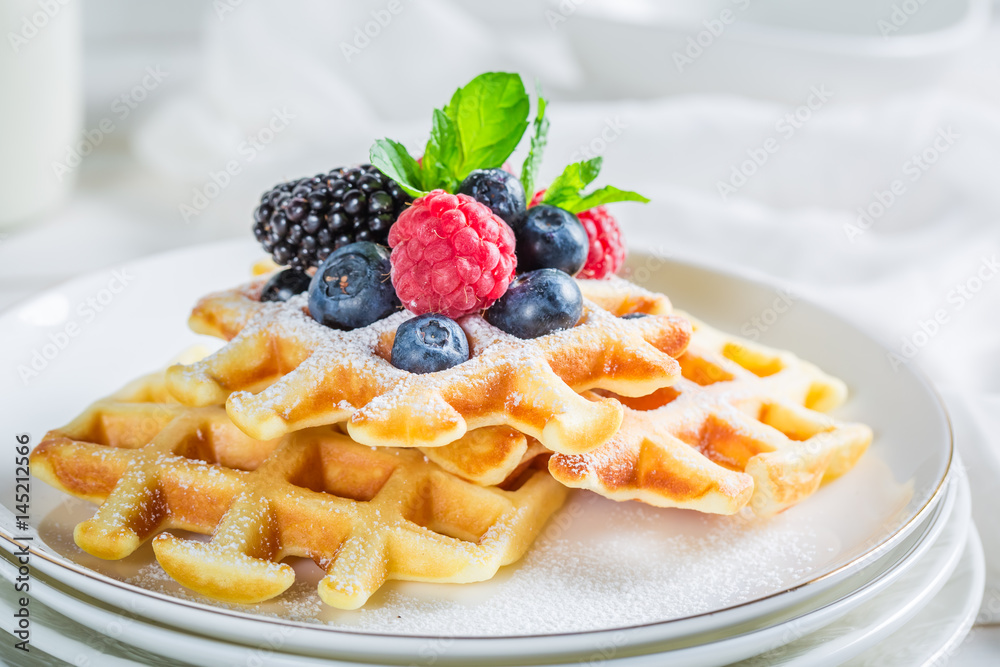 Closeup of homemade berries with waffles for breakfast Closeup of homemade berries with waffles for breakfast