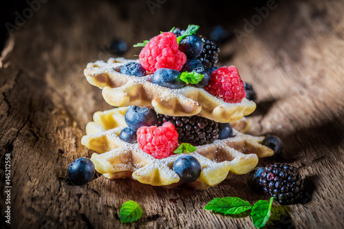 Closeup of fresh berry fruits with waffles on wooden bark
