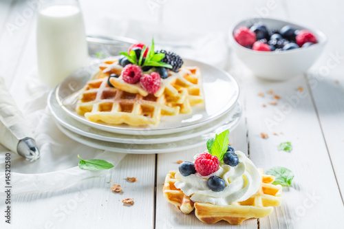Closeup of tasty waffles with berry fruits and whipped cream