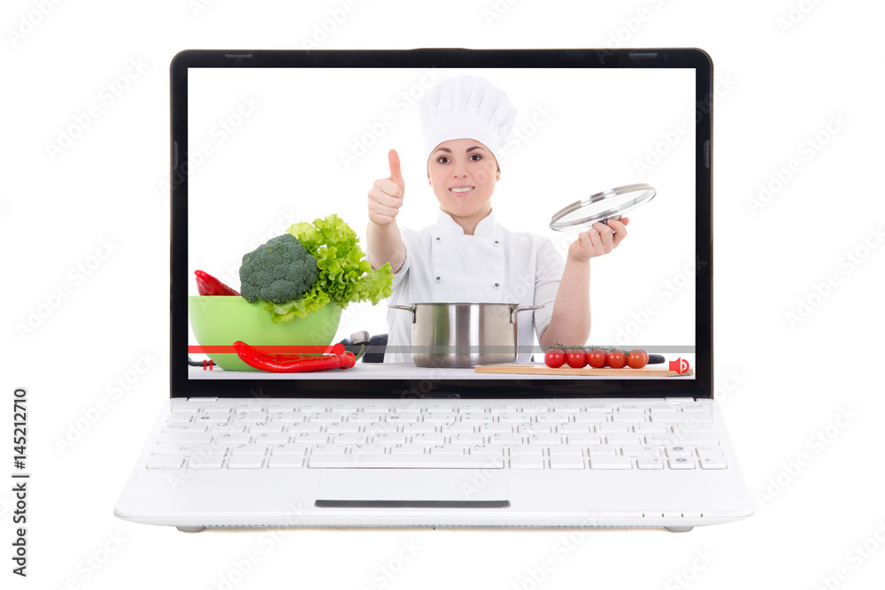 food video blog concept - laptop with video blogger on screen isolated on white food video blog concept - laptop with video blogger on screen isolated on white