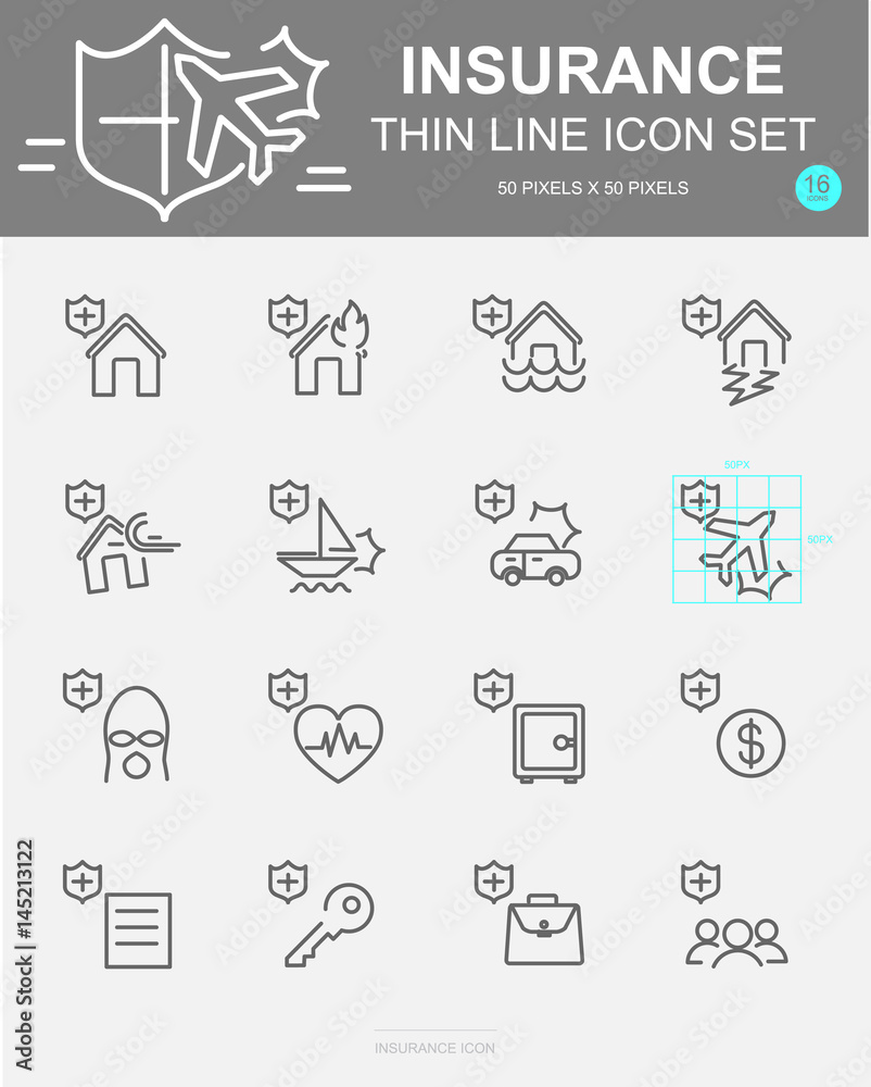 Set of Insurance Vector Line Icons. Includes life, safety, accident, property, travel and more. 50 x 50 Pixel. Set of Insurance Vector Line Icons. Includes life, safety, accident, property, travel and more. 50 x 50 Pixel.