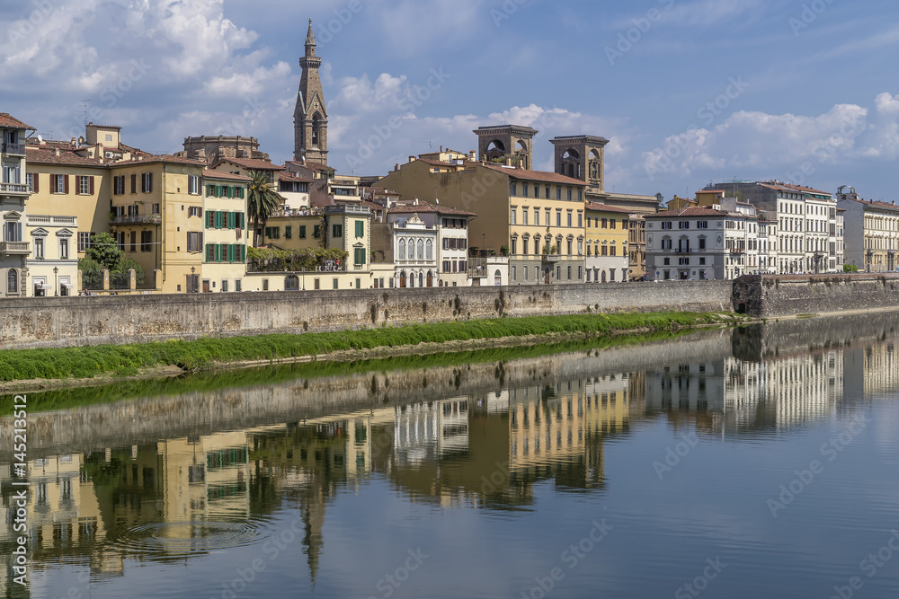 Beautiful view of the historic center of Florence, Italy, from the Lungarno Serristori, with reflection in the Arno river