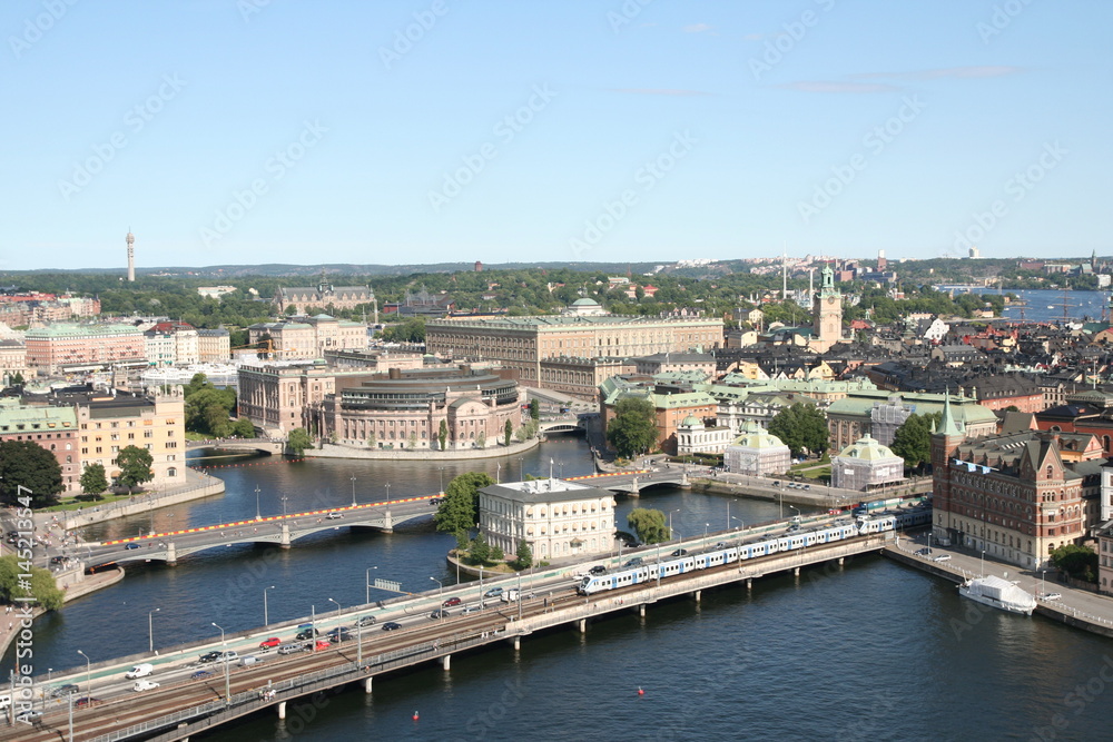 Stockholm view from townhall balcony to Parliament and Royal Palace