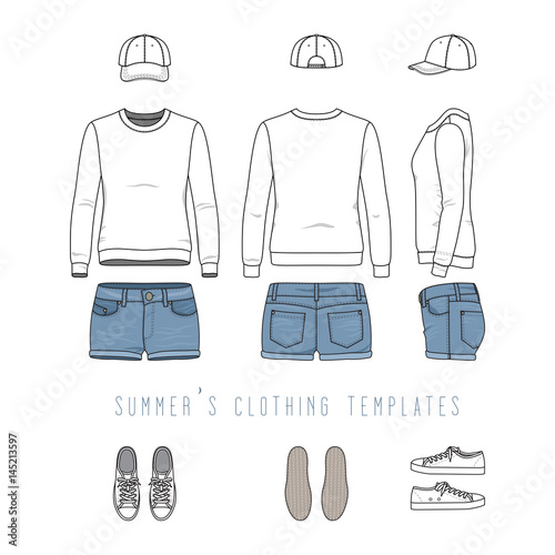 Vector illustration of female clothing set. White sweatshirt, denim shorts, baseball cap, sneakers. Blank vector clothing templates for fashion design in modern urban or hipsters style. 