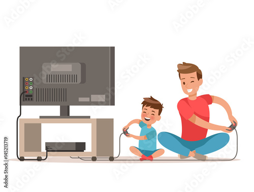 Dad and son playing game. character design.