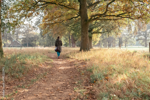 Tourist walking over path in autumn rural landscape. © ysbrandcosijn