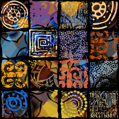 Seamless background pattern. Imitation of a grunge tribal pattern.