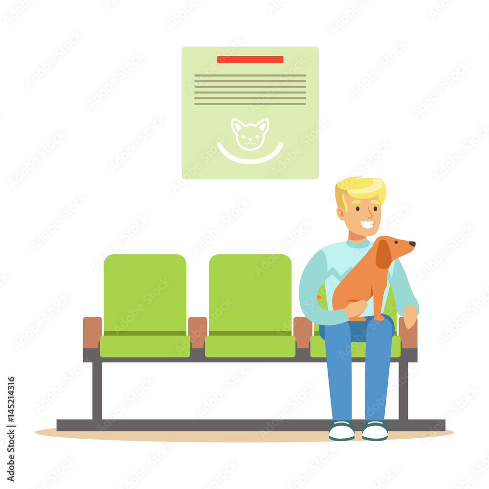 Man sitting in waiting hall with his pet dog and expecting for visiting a doctor. Colorful cartoon character Illustration