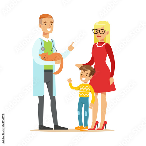 Smiling boy with his mother at the veterinary doctor with their cat. Colorful cartoon character Illustration