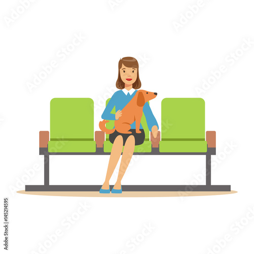 Woman sitting in waiting hall with her pet dog and expecting for visiting a doctor. Colorful cartoon character Illustration
