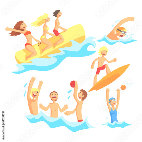 People On Summer Vacation At The Sea Playing And Having Fun With Water Sports On The Beach Series Of Illustrations