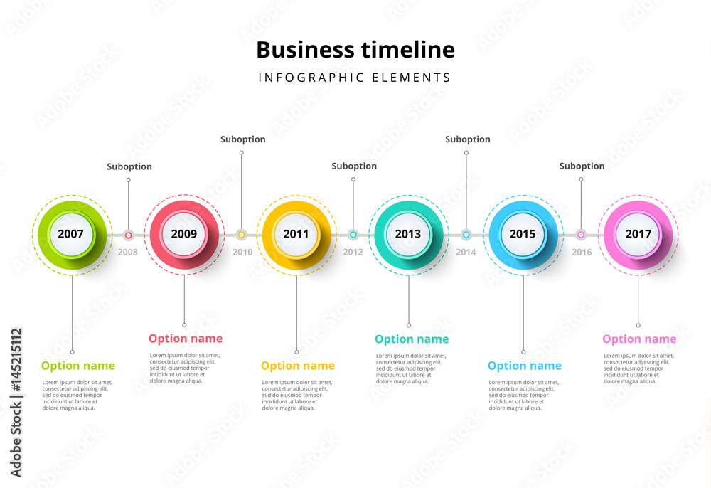 Business timeline in step circles infographics. Corporate milestones graphic elements. Company presentation slide template with year periods. Modern vector history time line layout design. - obrazy, fototapety, plakaty 
