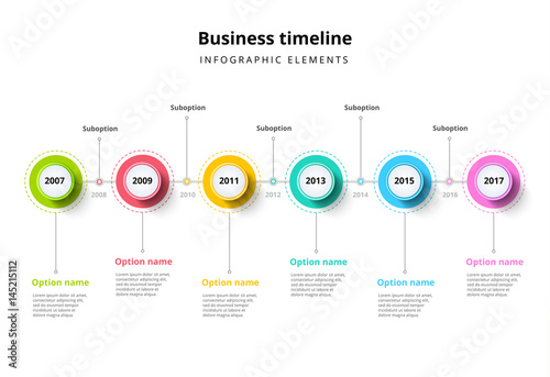 Business timeline in step circles infographics. Corporate milestones graphic elements. Company presentation slide template with year periods. Modern vector history time line layout design. photo