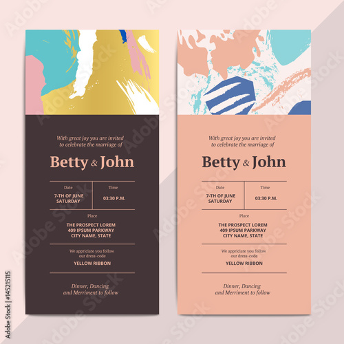 Trendy abstract wedding invitation cards templates. Modern luxury romantic greeting cards layout with artistic brush stroke pattern. Vector hipster background design with marriage sample text.