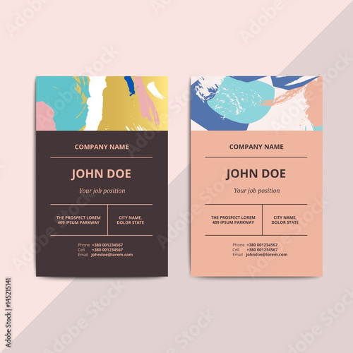 Trendy abstract business card templates. Modern luxury beauty salon or cosmetic shop layout with artistic brush stroke pattern. Vector fashion luxury background design with information sample text.