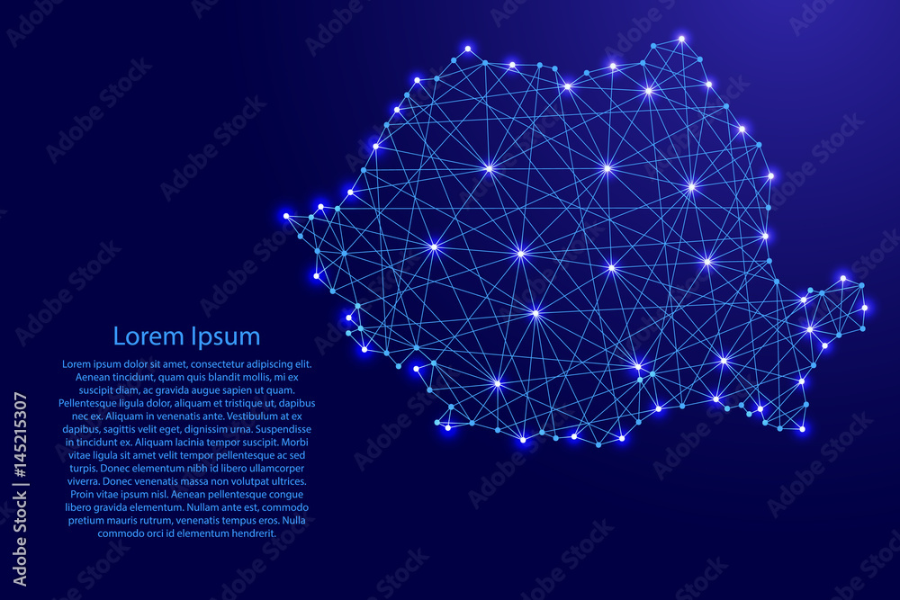 Fototapeta Map of Romania from polygonal blue lines and glowing stars vector illustration