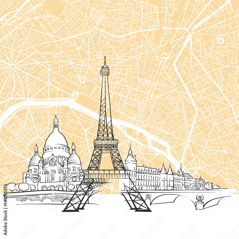 Paris France Skyline Map