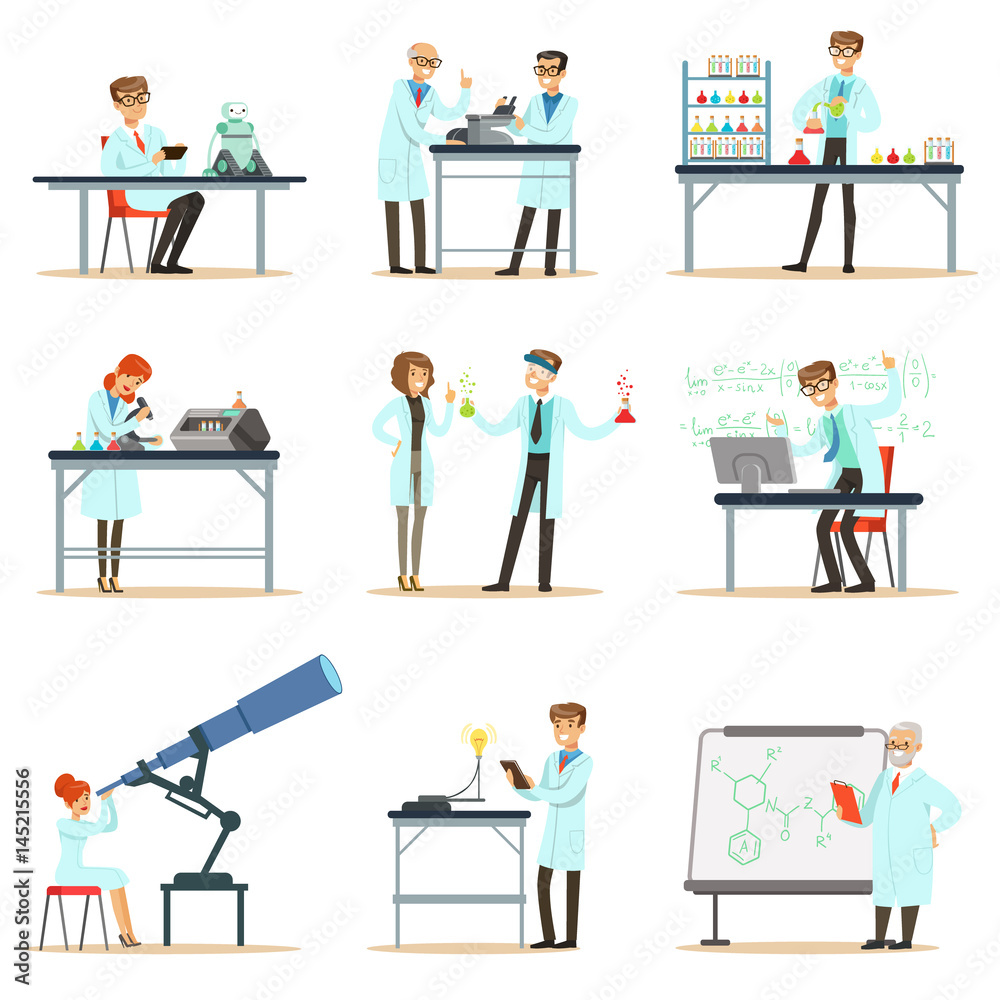 Scientists At Work In A Lab And An Office Set Of Smiling People Working In Academic Science Doing Scientific Research