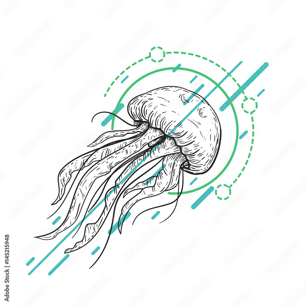 Hand drawn vector sketch of jellyfish with abstract geometric shapes