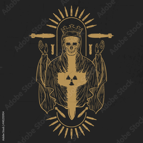 Hand drawn vintage skeleton with bombs and weapons. Creative original vector illustration in hipster retro style. Style design background for tattoo, textile, cover, poster.