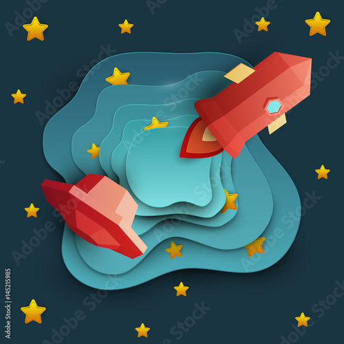 Flying red rocket and ufo in space with stars. Science concept inspiration. Paper art cartoon realistic trendy craft style. Modern origami design template. Funny cute childrens vector illustration.