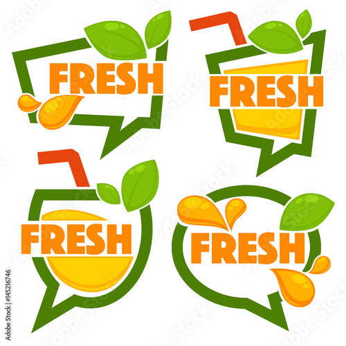 vector collection of bright and shine  stickers, emblems and banners for orange fresh juice