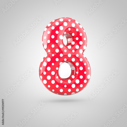 Red alphabet number 8 with white dots isolated on white background.