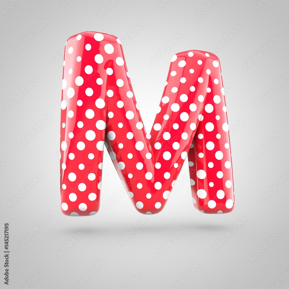 Red alphabet letter M uppercase with white dots isolated on white background.