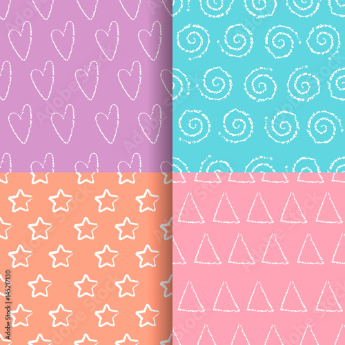 Set of minimalistic seamless doodle patterns with heart, star, triangle and spiral.