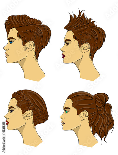 A set of different types of female hairstyles and styling on brown hair eps 10 illustration