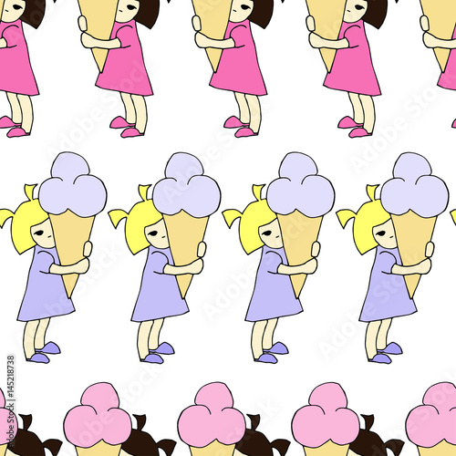 Little girls with ice-cream, seamless pattern on white background.