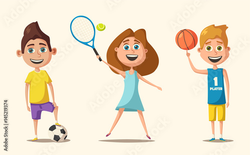 Little basketball, tennis and football players. Cartoon vector illustration