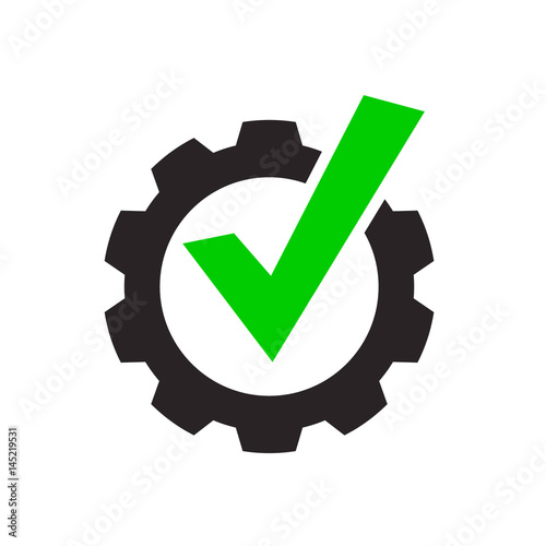  Tick gear eps vector sign. Abstract technical vector icon illustration on white background. Green and black design.