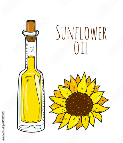 Colorful hand drawn sunflower bottle. Isolated cute bottle with healthy cooking oil and sunflower. Sketchy cartoon illustration for restaurant, organic shop. Glass jug with cork.