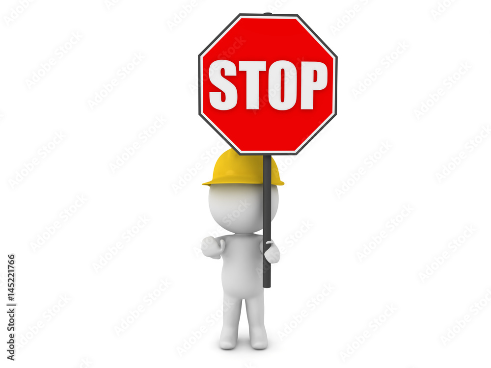 3D Character wearing hard hat holding a stop sign 3D Character wearing hard hat holding a stop sign
