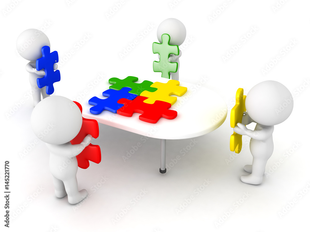 3D Illustration of four characters putting puzzle pieces on table