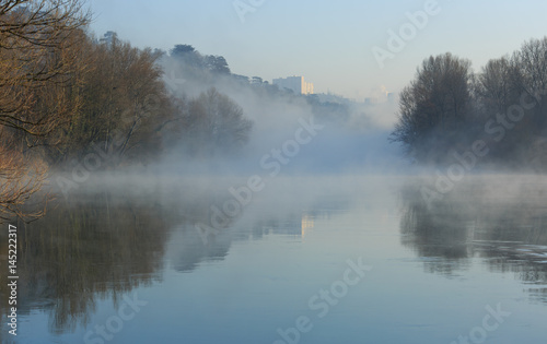 Morning fog over the Rhone river near Lyon  France.