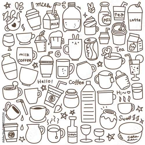 Set of Cute Drink Doodle. Black and White.
