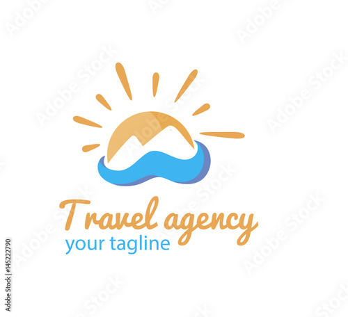 Vector logo template for travel agency. Illustration of mountains and sea at sunset. Travel emblem. Creative logotype. EPS10.