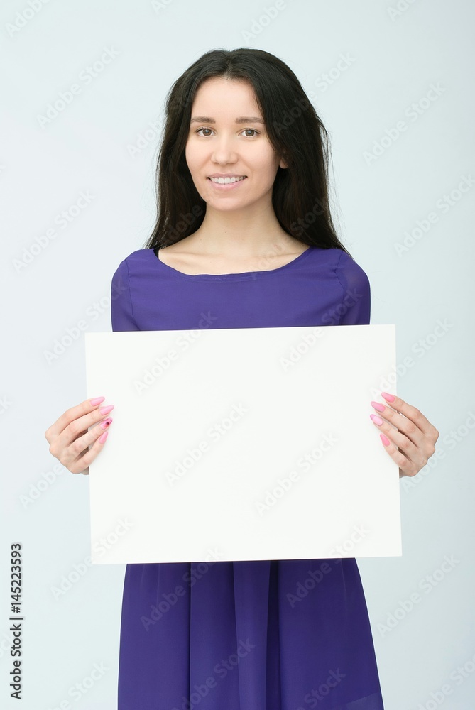 happy smiling woman with white blank board happy smiling woman with white blank board