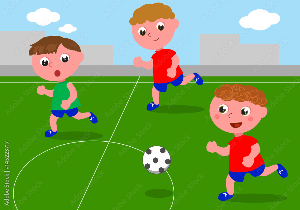 Three young friends are playing soccer on the grass. Vector.