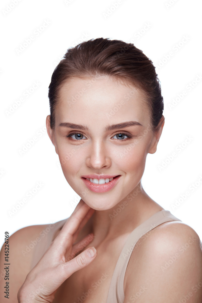 Beauty Cosmetics. Beautiful Smiling Woman Touching Skin Beauty Cosmetics. Beautiful Smiling Woman Touching Skin