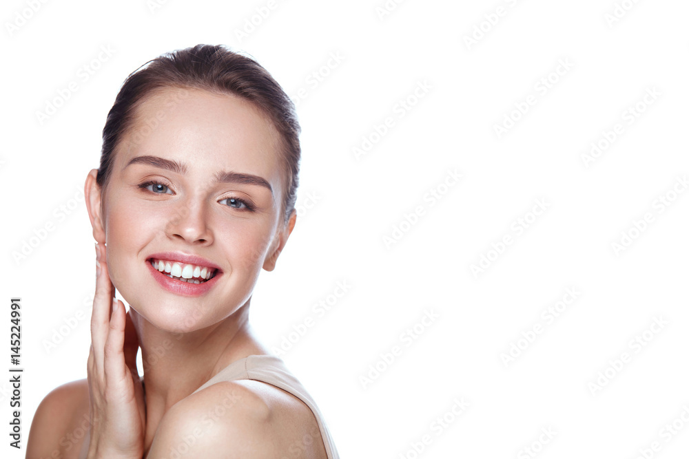 Beauty Cosmetics. Beautiful Smiling Woman Touching Skin Beauty Cosmetics. Beautiful Smiling Woman Touching Skin