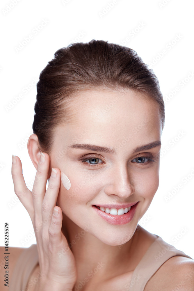 Beautiful Woman Applying Cream Base On Beauty Face Skin Beautiful Woman Applying Cream Base On Beauty Face Skin