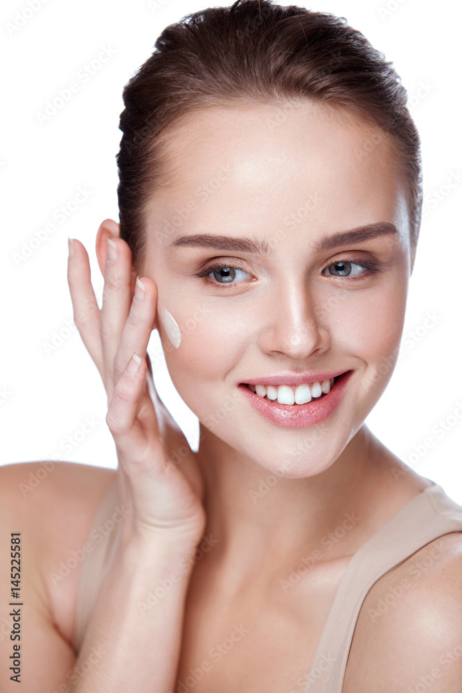 Beautiful Woman Applying Cream Base On Beauty Face Skin Beautiful Woman Applying Cream Base On Beauty Face Skin