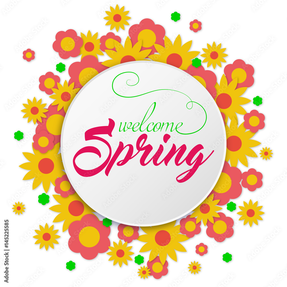 Welcome spring card with colorfull flowers