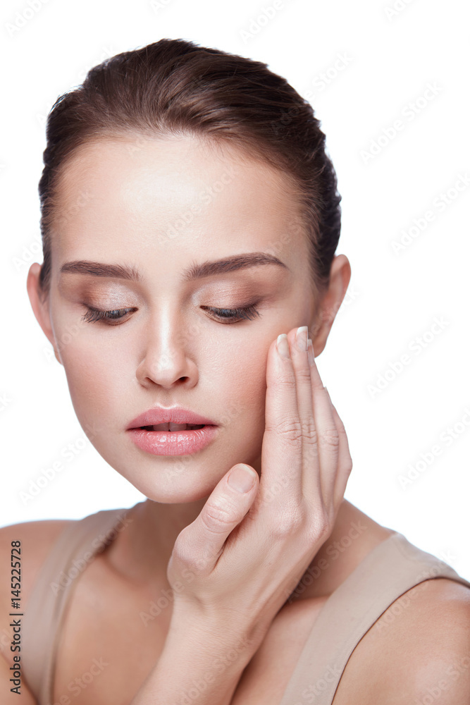 Woman With Face Makeup Touching Smooth Skin. Beauty Cosmetics Woman With Face Makeup Touching Smooth Skin. Beauty Cosmetics
