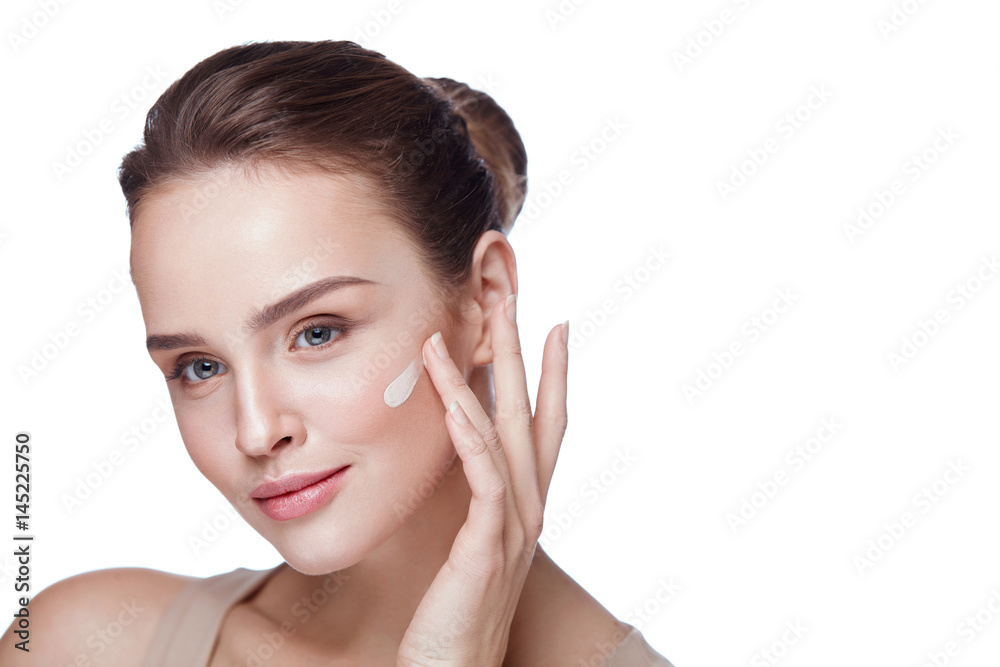 Face Makeup. Sexy Woman Applying Foundation Cream On Skin Face Makeup. Sexy Woman Applying Foundation Cream On Skin